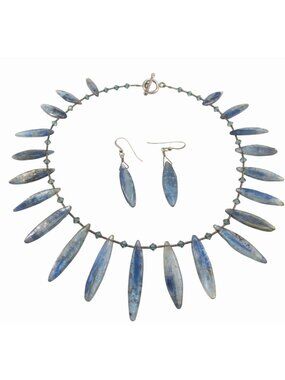 Blue Kyanite Choker Spike Necklace & Pierced Earrings Set with Crystal Accents